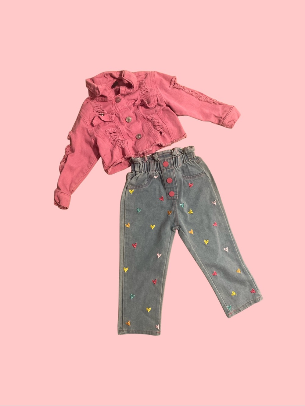 Girls Pink Distressed Denim Jacket -Trendy Kids Outerwear With Polka Heart Jeans